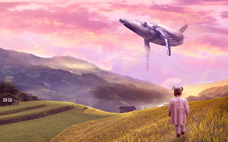 Compositing Photoshop d'une petite fille voyant une baleine surgir du ciel